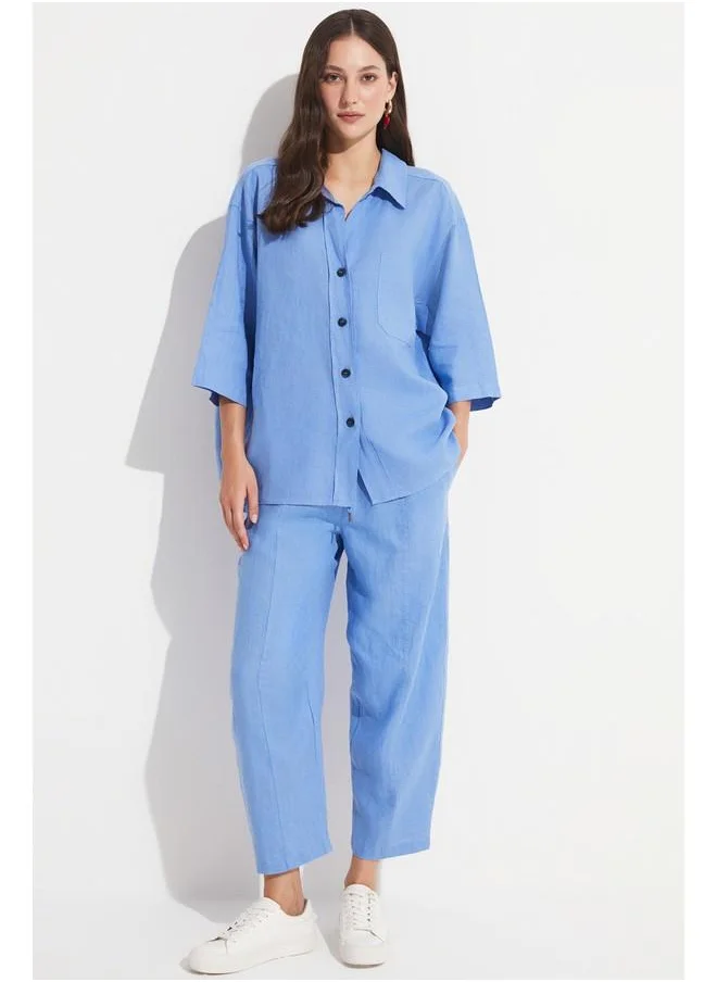 جون June Women Exclusive Regular Fit 100% Linen Shirt Blue