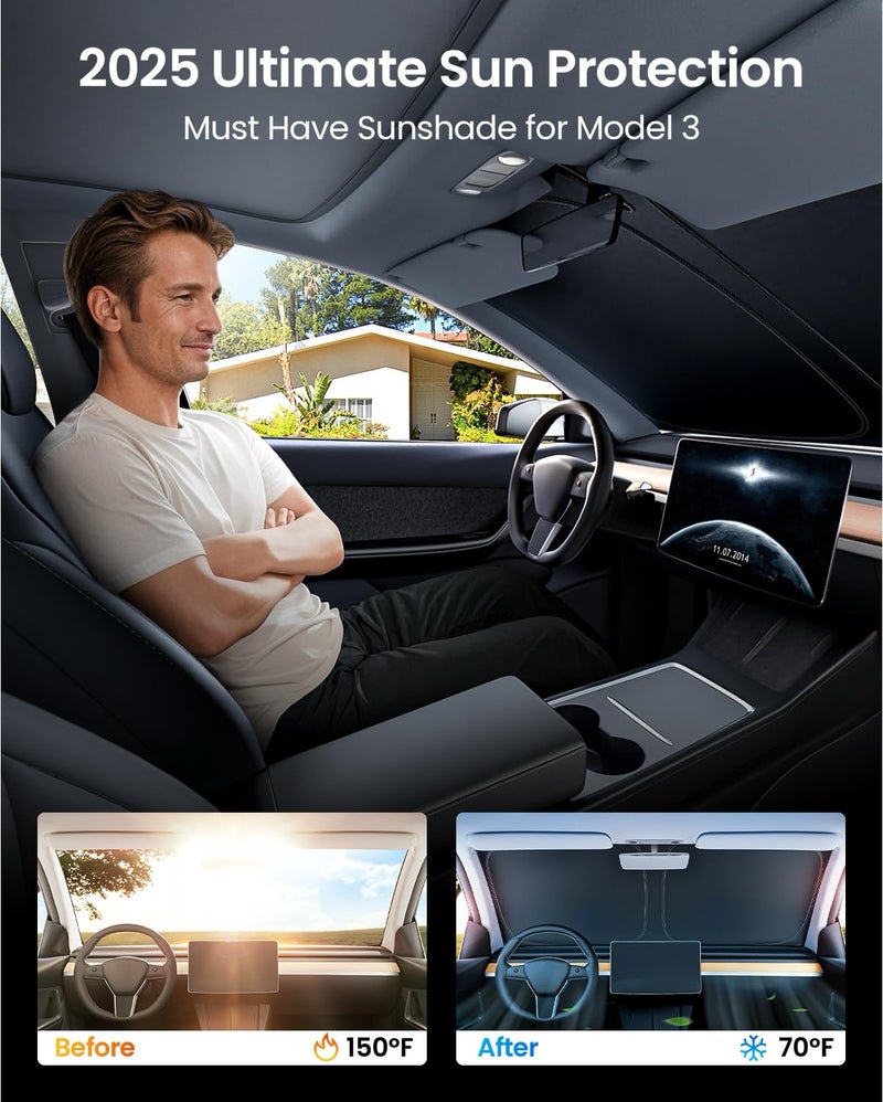 REEVAA 2025 Upgraded Tesla Model 3 Highland Sunshade Windshield [Tailored Fit, 99% Sun Protection] Foldable and Easy-Use Sunshade Accessories with Storage Bag Fit Model 3 2016-2025, Silver Coating - Image 2