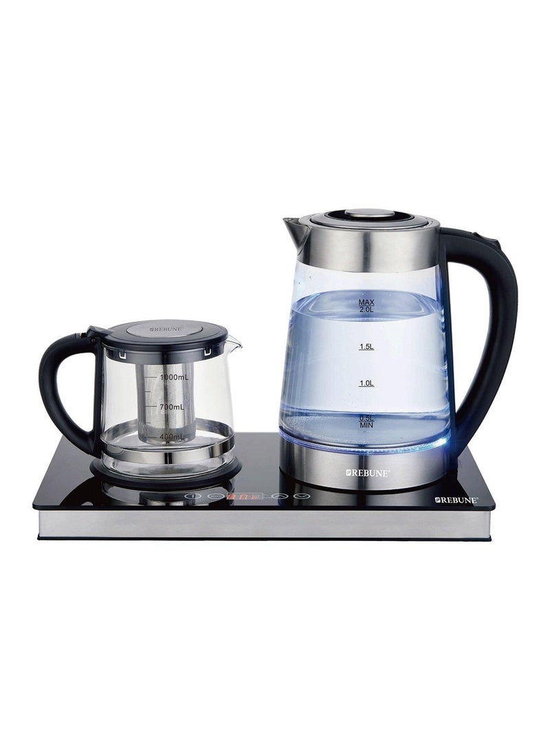 REBUNE Tea Set 2L kettle 1L Teapot, 1500W, Stainless Steel, Filter, Keep-Warm 2hrs RE-1-140 Silver/Black - Image 1