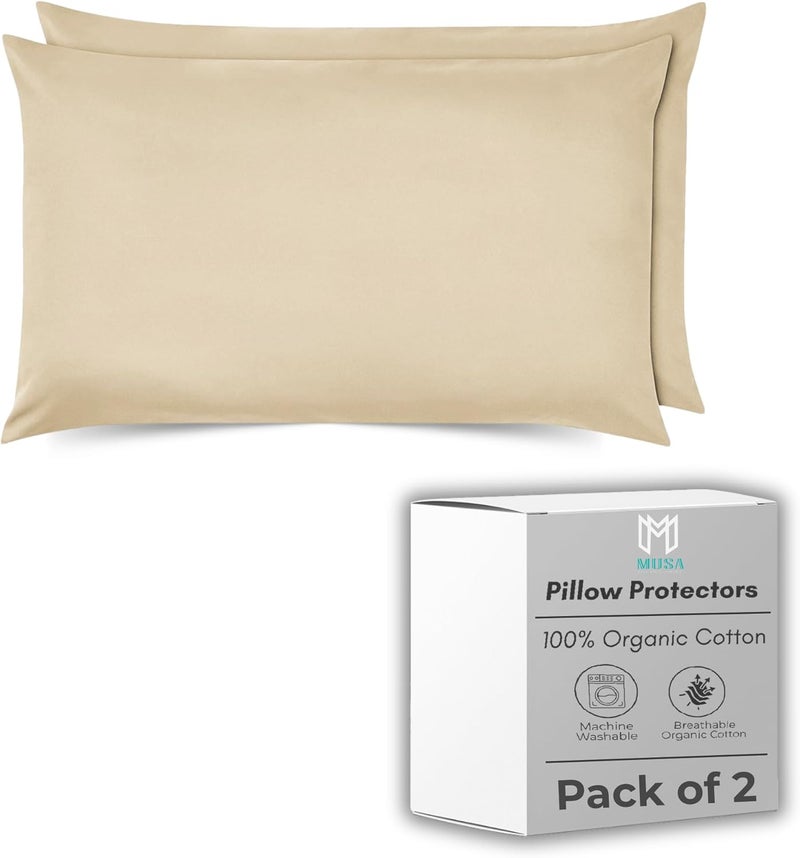 MUSA MUSA® Premium Cotton Pillowcases for Bedrooms, Sofa Seat Cushions & Dorm Rooms - Hotel Quality & Fade Free Pillow Protectors Set of 2 Pillow Covers with Zipper Closure Standard (Beige, 50 x 90cm) - Image 1
