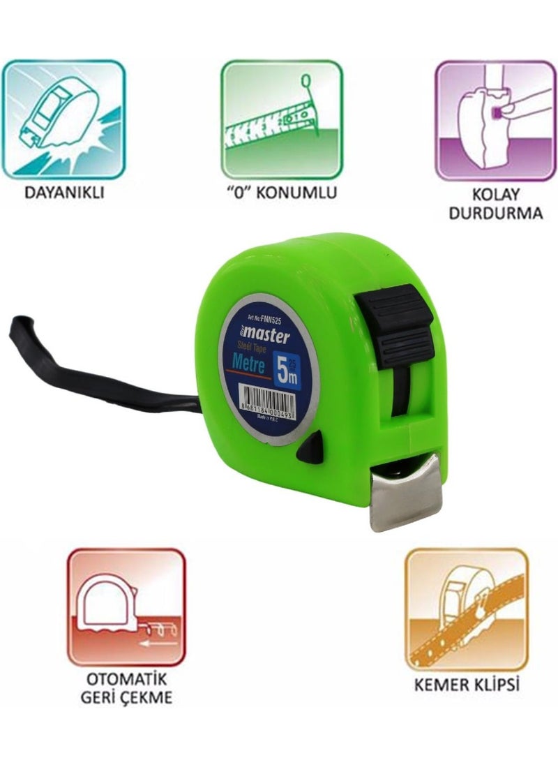 Nzb Tape Measure 5 M x 25 mm Green Color Button Measuring Measurement Plastic Case with Clip  - Image 5