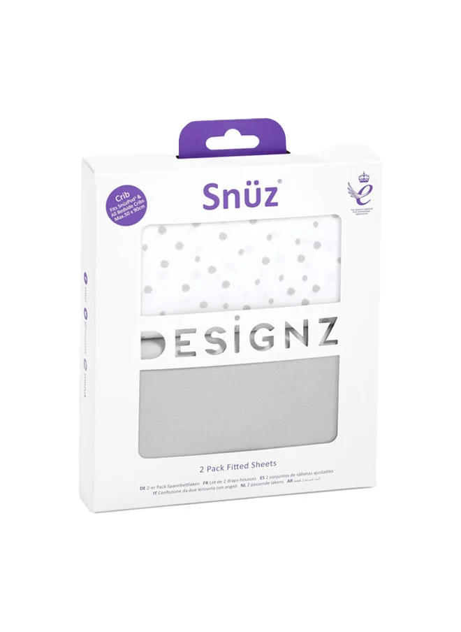 Snuz Pack of 2 Crib Fitted Sheets, Design Ed To Fit Pod Bedside Cribs, 100% Cotton, Infant And Baby, Pattern Grey Spot, Fitted Sheet Size - 44 X 80Cm