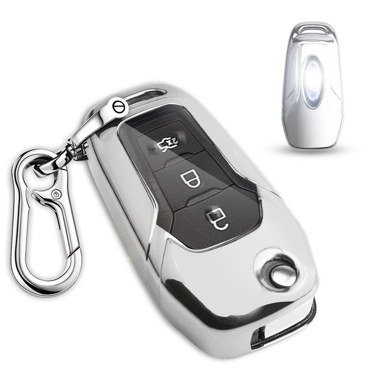 QBUC Silver TPU Key Fob Cover for Ford F150 F250, Focus, Escort, Kuga, Everest, Fiesta, Mustang, Edge, Fusion, Ranger Flip Remote Key