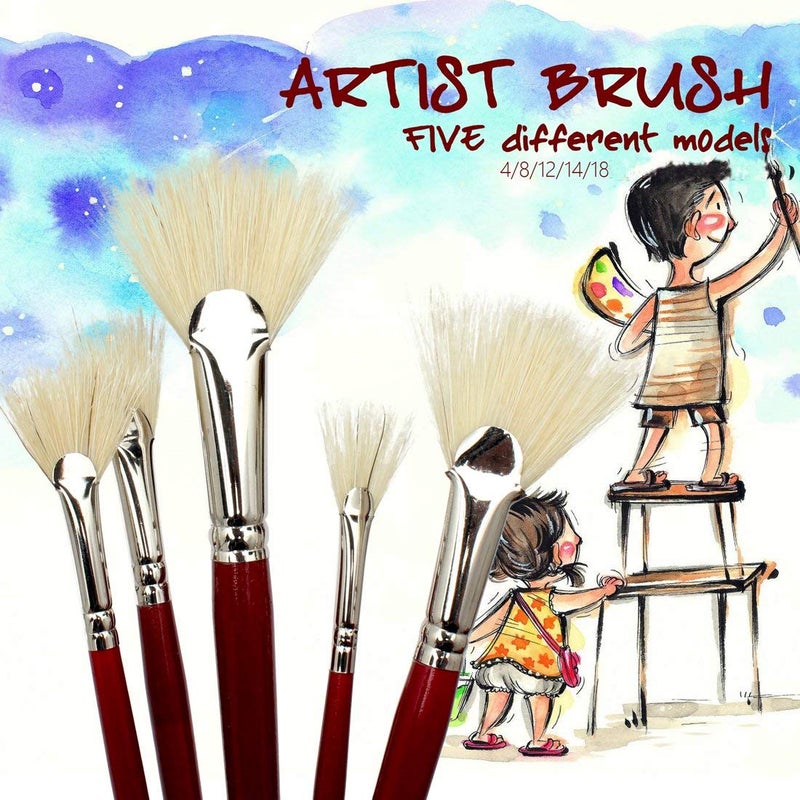 chrome Artist Quality Fan Brushes Anti-Shedding Artist Soft Hog Bristle Paint Brush Set for Acrylic Watercolor Oil Painting,5 Piece Set - Image 3