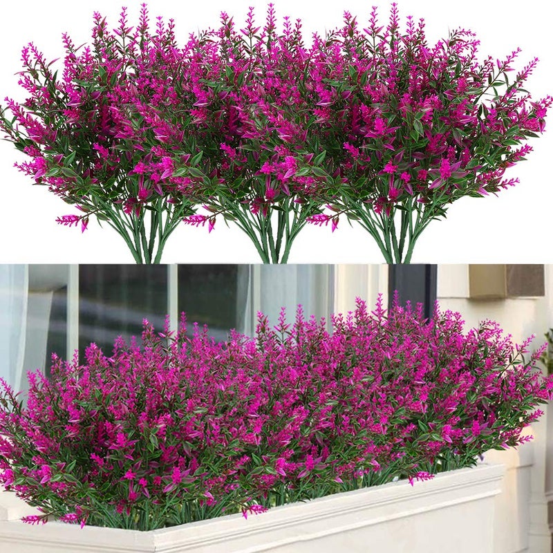 ArtBloom 16 Bundles Outdoor Artificial Lavender Fake UV Resistant No Fade Flowers Shrubs Faux Plastic Greenery for Hanging Plants Garden Porch Window Box Home Wedding Decor Fuchsia