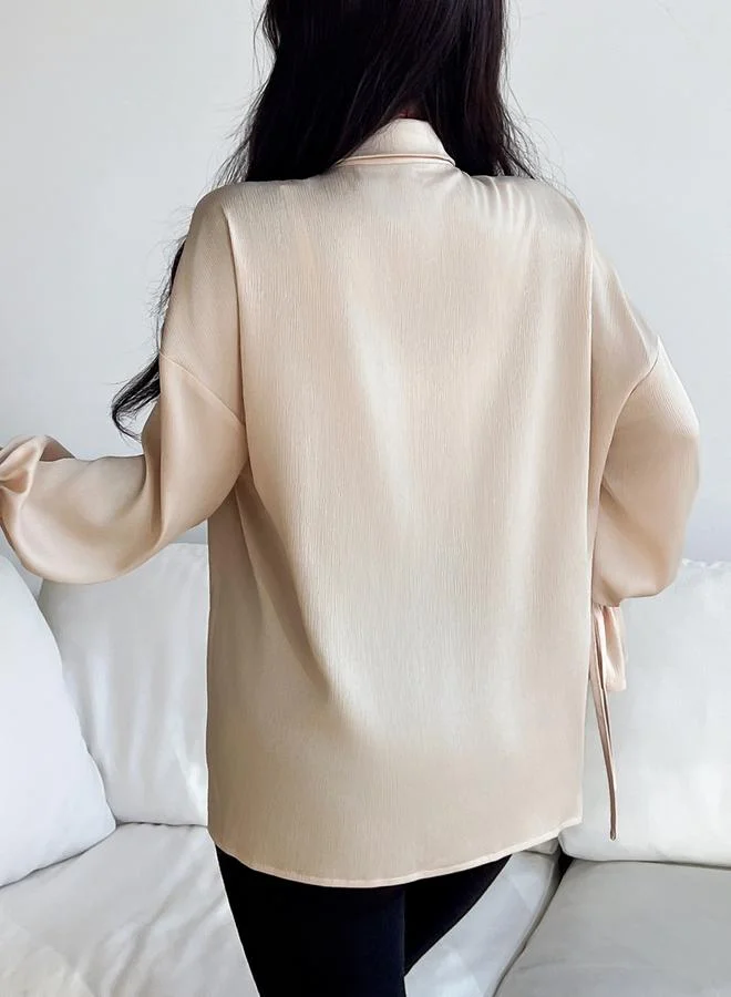 Take Two Take Two Beige Solid Buttoned Long Sleeve Shirt