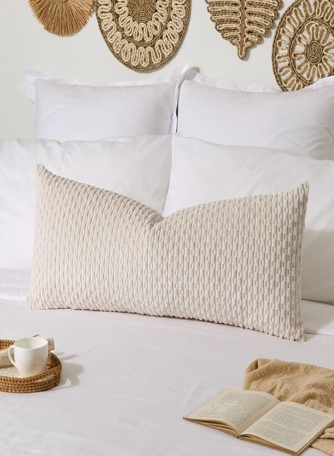 K KEVIN TEXTILE Kevin Textile 14x36 Inch Long Lumbar 1 Pack Boho Decorative Throw Pillow Cover Soft Striped Corduroy Rectangle Cushion Case Farmhouse Solid Color Accent for Living Room Couch Sofa Bed, Cream White - Image 1