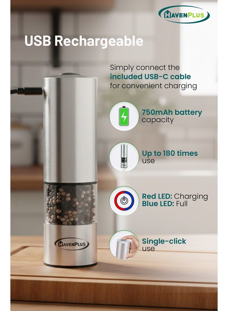 HavenPlus Electric Cordless Pepper Mill – Stainless Steel with LED Light, Adjustable Coarseness, Up to 180 Uses Without Recharge, Ideal for Kitchen, BBQ, and Everyday Cooking. - Image 5