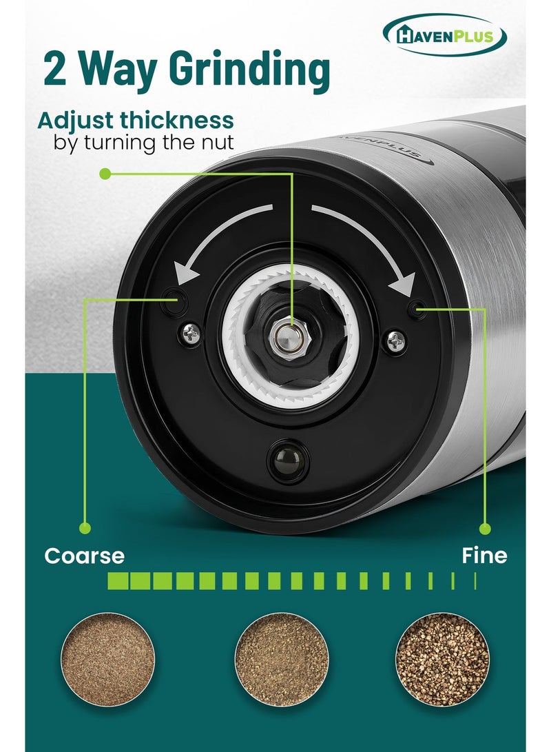 HavenPlus Electric Cordless Pepper Mill – Stainless Steel with LED Light, Adjustable Coarseness, Up to 180 Uses Without Recharge, Ideal for Kitchen, BBQ, and Everyday Cooking. - Image 4