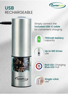 HavenPlus HavenPlus Electric Cordless Pepper Mill – Stainless Steel with LED Light, Adjustable Coarseness, Up to 180 Uses Without Recharge, Ideal for Kitchen, BBQ, and Everyday Cooking.  - Image 3