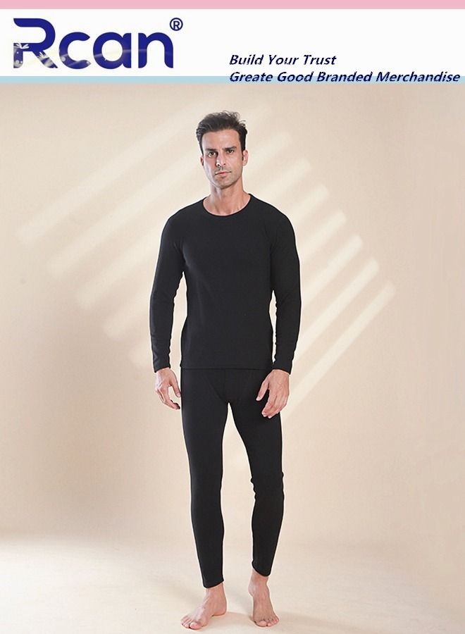 Rcan 2 Piece Men's Round Neck Thermal Underwear Set Winter Pajamas Lightweight Slim Fitting Long Sleeved T-Shirt and Long Pants Basic Layer Bottoming Shirt Plus Size  - Image 1