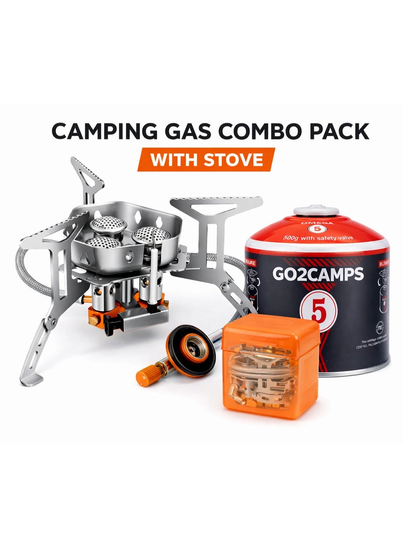 GO2CAMPS High Power Mini Foldable Camping Stove 6000W-Combo Pack with 500g Butane Screw Type Gas Cartridge – 3 Core Burner Heavy Duty Stainless Steel Portable Gas Stove for Camping, Hiking, Desert Trips, Backpacking,Travel, Fishing, Emergency Use Picnic & Outdoor Cooking - Image 1
