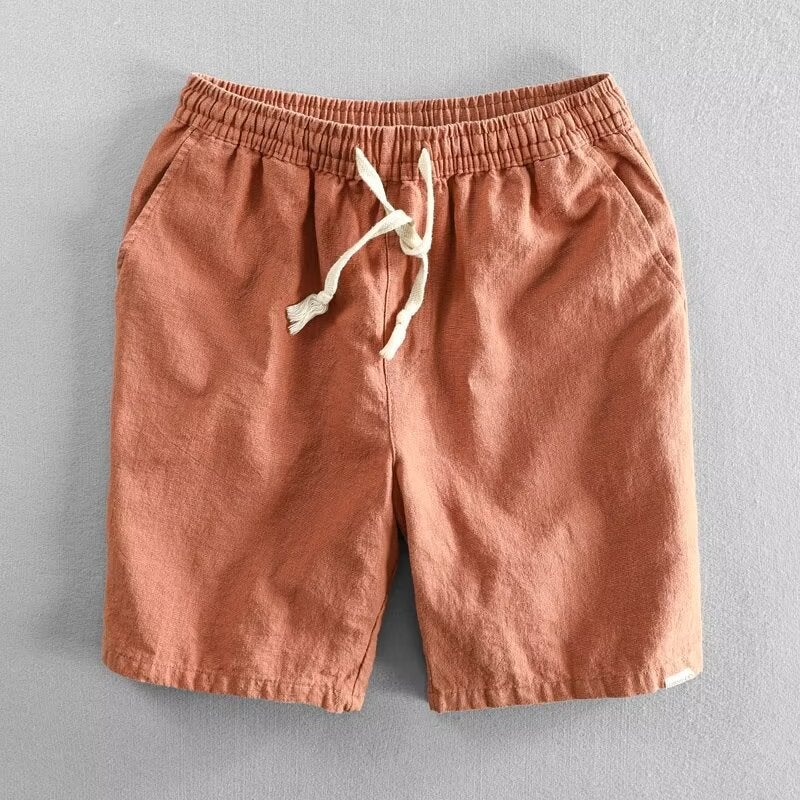 Summer Linen Short Pants Mens Loose Khaki Casual Breathable Cotton Brick red  - Image 1