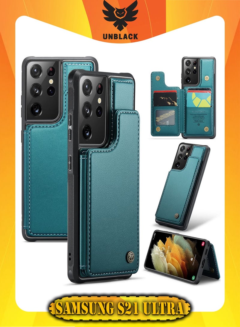 كيس مي جراب جلد مضاد للصدمات مع حافظة كروت مغناطيسية متوافق مع هاتف سامسونج جلاكسي اس 21 الترا (اخضر) - Image 1