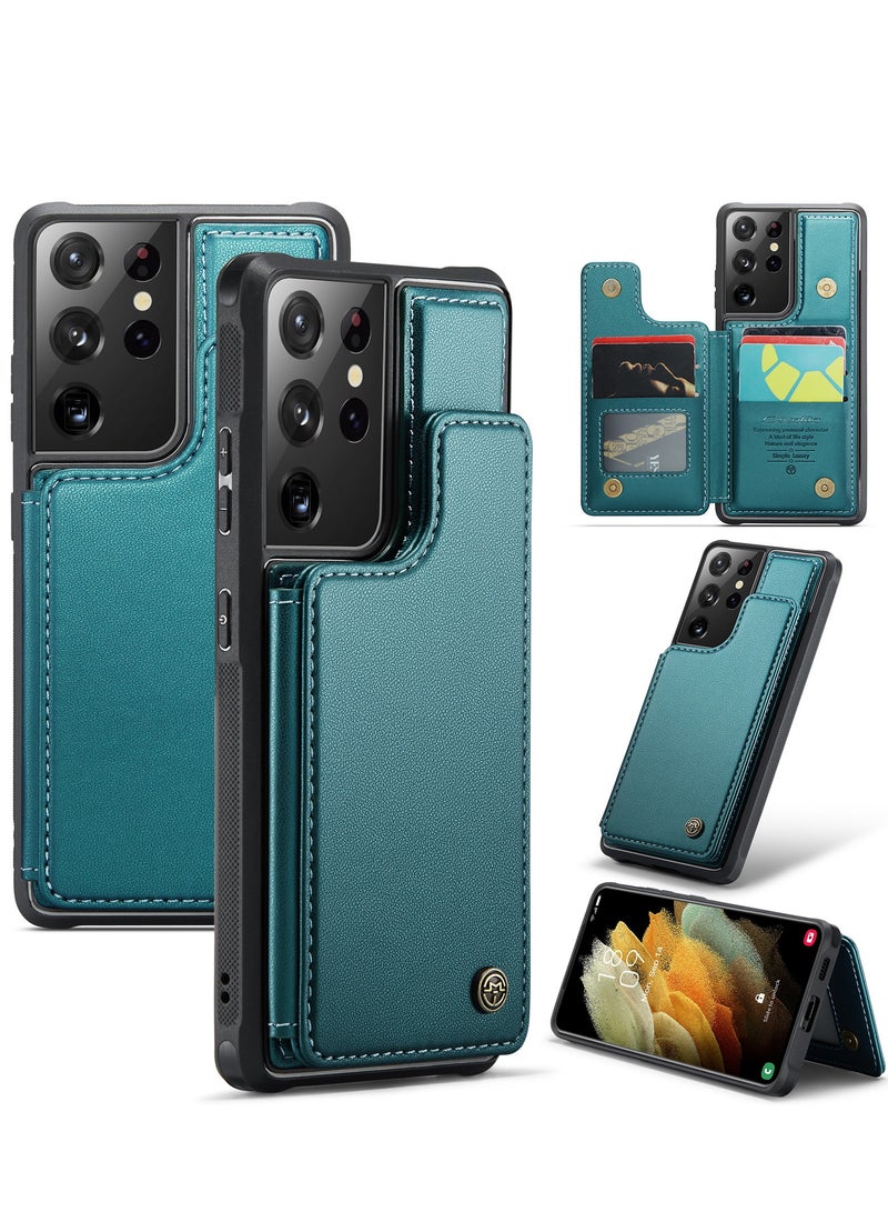 كيس مي جراب جلد مضاد للصدمات مع حافظة كروت مغناطيسية متوافق مع هاتف سامسونج جلاكسي اس 21 الترا (اخضر) - Image 2