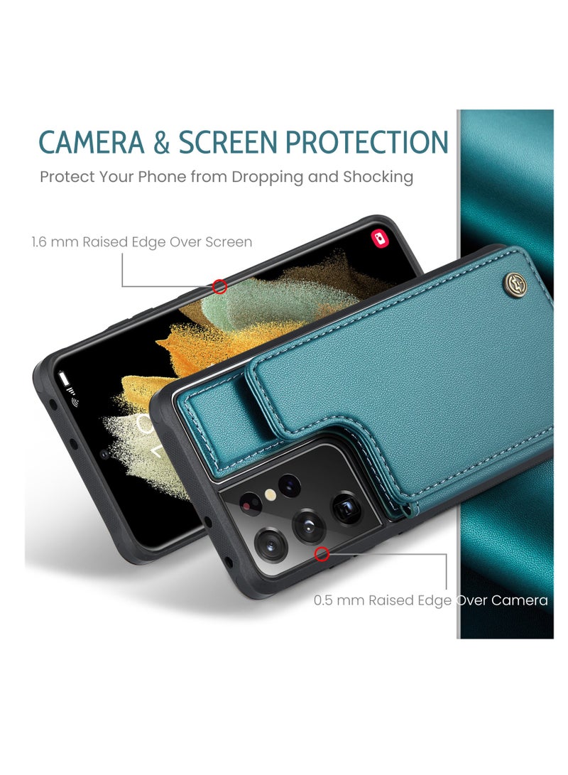 كيس مي جراب جلد مضاد للصدمات مع حافظة كروت مغناطيسية متوافق مع هاتف سامسونج جلاكسي اس 21 الترا (اخضر) - Image 4