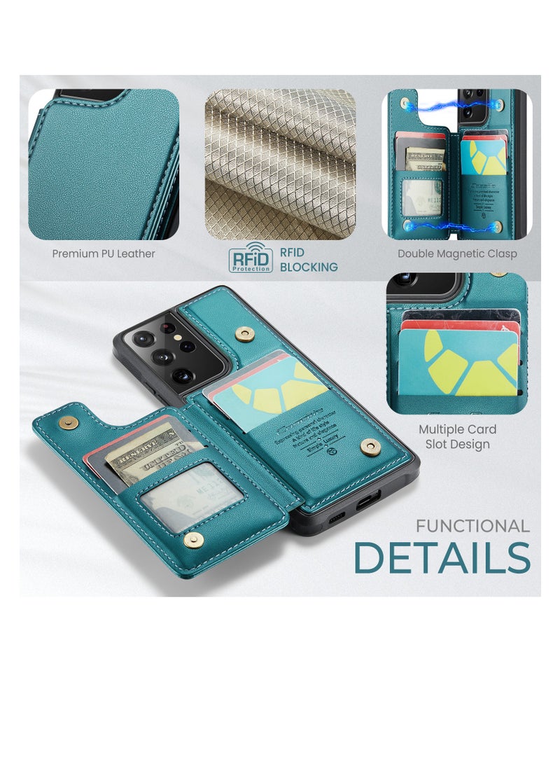 كيس مي جراب جلد مضاد للصدمات مع حافظة كروت مغناطيسية متوافق مع هاتف سامسونج جلاكسي اس 21 الترا (اخضر) - Image 5