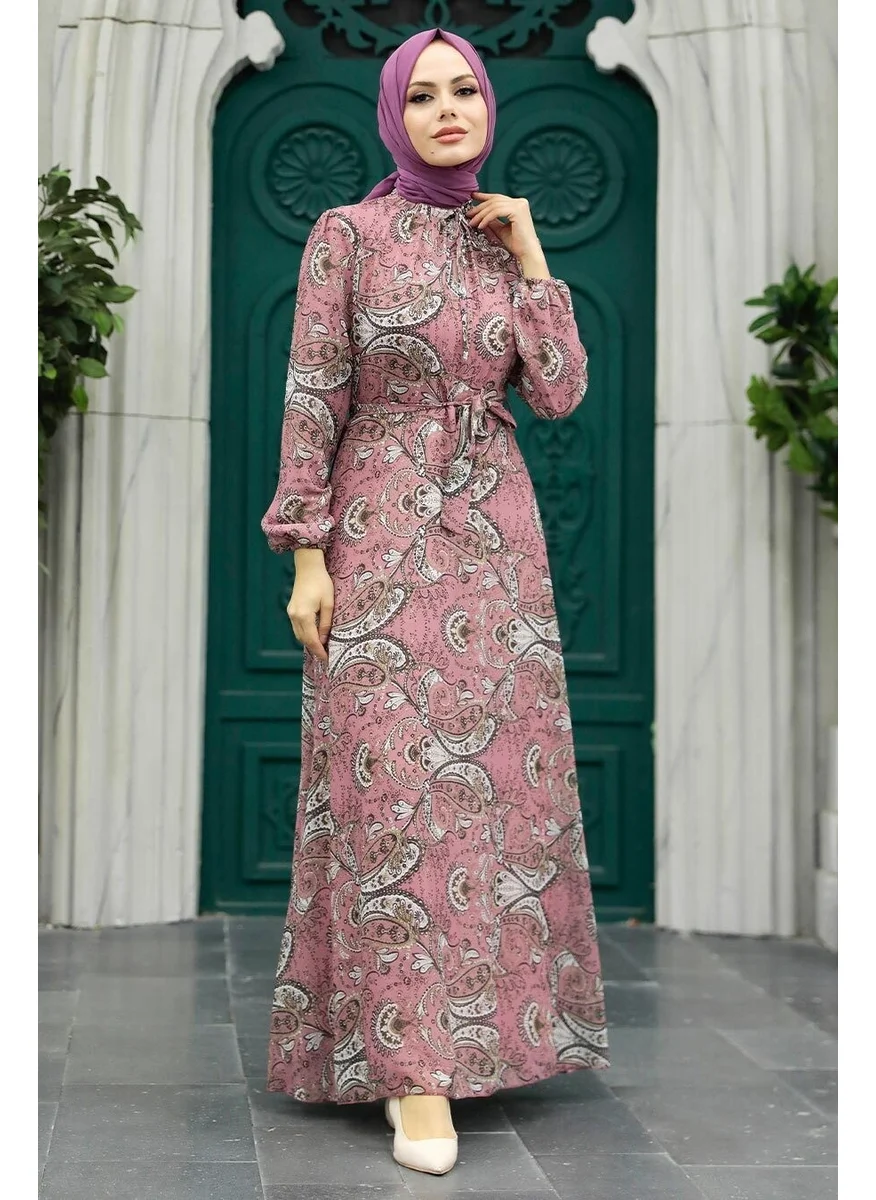 Neva Style - Flower Patterned Powder Hijab Dress 279081PD