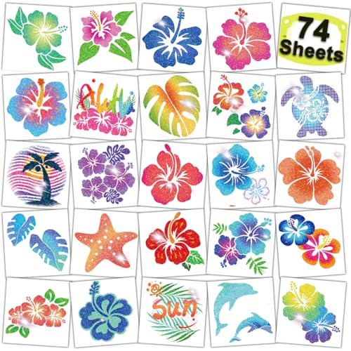 CHARLENT Glitter Hibiscus Temporary Tattoos for Aloha Party Decoration - 74 Individually Sheets Glitter Hawaii Flower Tattoos for Kids Women Hawaiian Party Favors - Image 1