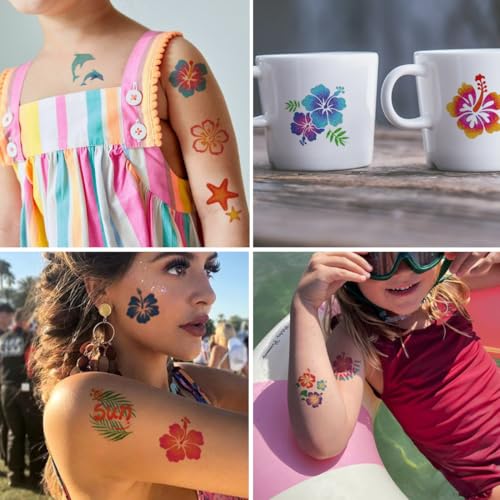 CHARLENT Glitter Hibiscus Temporary Tattoos for Aloha Party Decoration - 74 Individually Sheets Glitter Hawaii Flower Tattoos for Kids Women Hawaiian Party Favors - Image 3