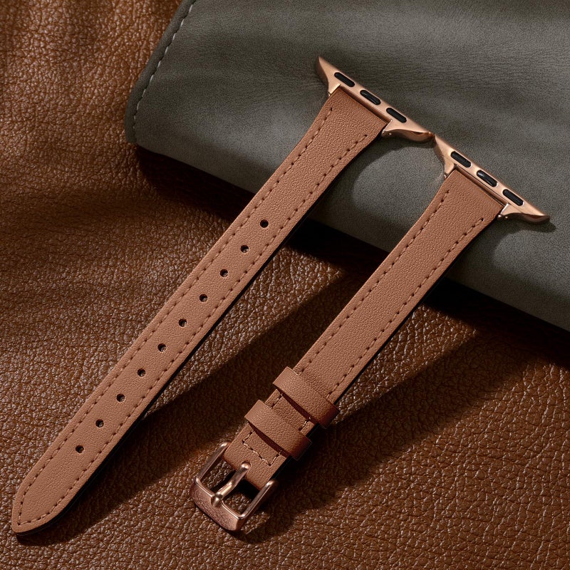 Charlam Slim Leather Band Compatible with Apple Watch Band 40mm 38mm 41mm 42mm 44mm 45mm 46mm Women,Top Grain Genuine Leather Strap Thin Wristband for iWatch Series 10 9 8 7 6 5 4 3 2 1 SE Ultra,Brown - Image 5