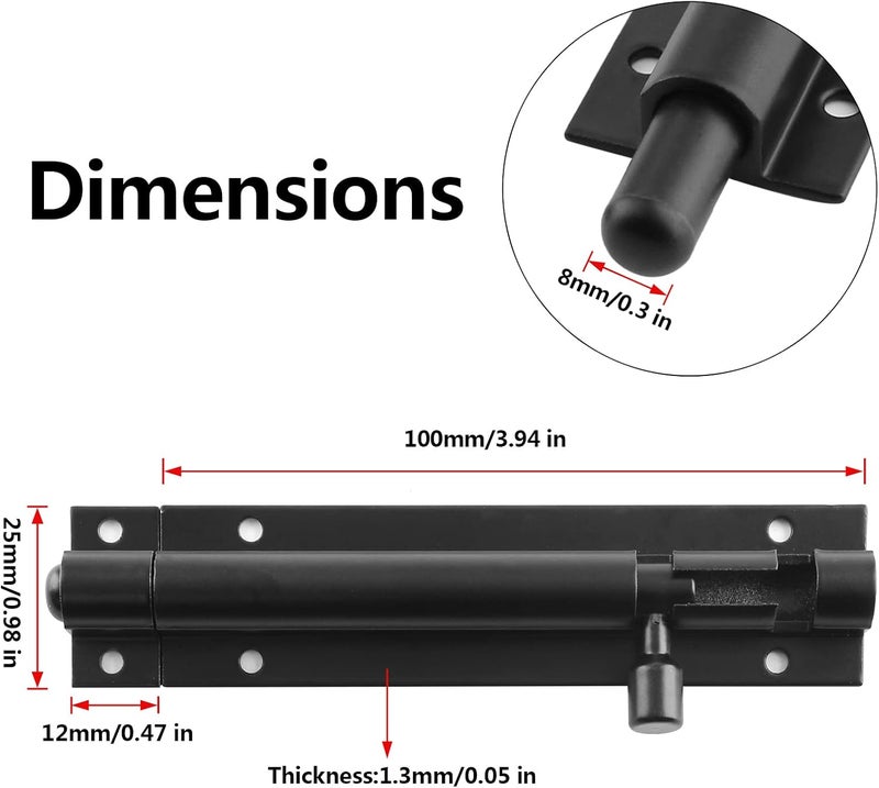 BokWin 5Pcs Black Slide Bolt Latch Lock 4 Inch Black Heavy Duty Barrel Bolt Lock Aluminium Alloy Slide Bolt Latch Security Door Latch Lock for Home Yard Garden(Include Screws) - Image 2