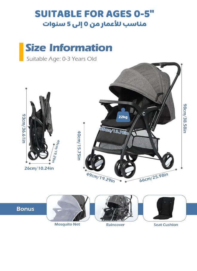 Riolio - Two-Way Baby Stroller | Excellent Shock Absorber | Front and Parent Facing | Large Canopy and Seat | 5-Point Harness | Cup Holder | Large Basket | Quick Folding | 0-36 Months |Grey - Image 1