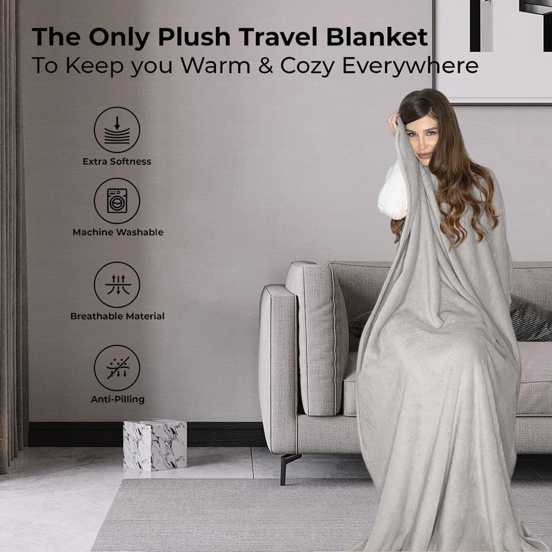 Khazna Premium Soft Travel Blanket Pillow, Airplane Flight Blanket throw in Soft Bag Pillow case with Hand Luggage Belt and Backpack Clip Compact Pack Large Blanket for Travel Grey Color - Image 2