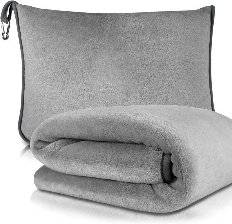 Khazna Premium Soft Travel Blanket Pillow, Airplane Flight Blanket throw in Soft Bag Pillow case with Hand Luggage Belt and Backpack Clip Compact Pack Large Blanket for Travel Grey Color - Image 1