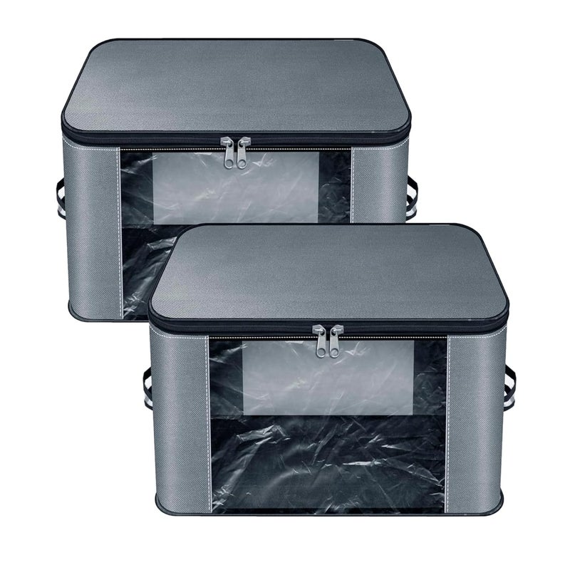 HOLLIO Moisture Proof Nylon Wardrobe Organizer Storage Bag For Clothes with Transparent Pocket Storage box for Clothes Saree Bags with Zippered Closure Handle 37x35x23 cm GREY SET OF 2 - Image 1