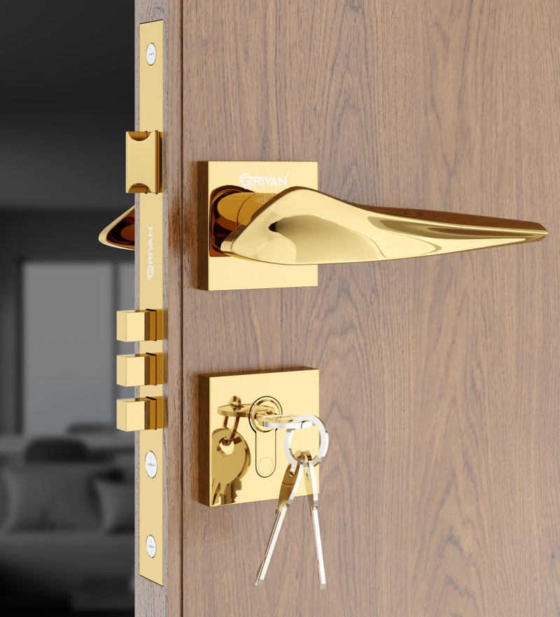 GRIVAN Premium Heavy Duty Door Locks for Main Door, Mortise Door Lock Set with 3 Brass Keys, Bedroom Door Lock, Handle Lock for Home/Office/Hotel (Gold Finish) | 2 Years Warranty - Image 1