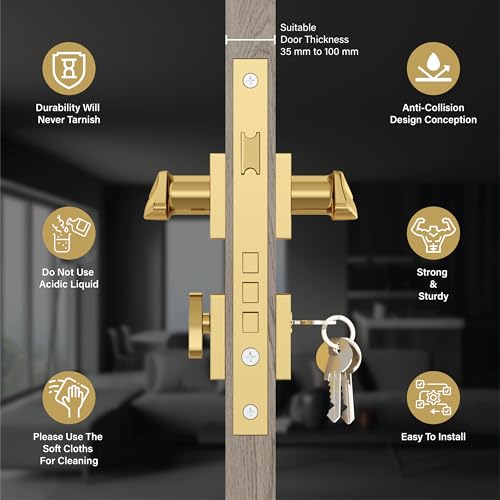 GRIVAN Premium Heavy Duty Door Locks for Main Door, Mortise Door Lock Set with 3 Brass Keys, Bedroom Door Lock, Handle Lock for Home/Office/Hotel (Gold Finish) | 2 Years Warranty - Image 3
