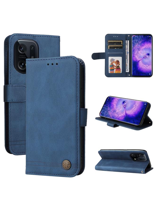 اس-توب جراب لهاتف OPPO Find X5 Pro مصنوع من الجلد مع أزرار معدنية وشجرة الحياة - Image 1