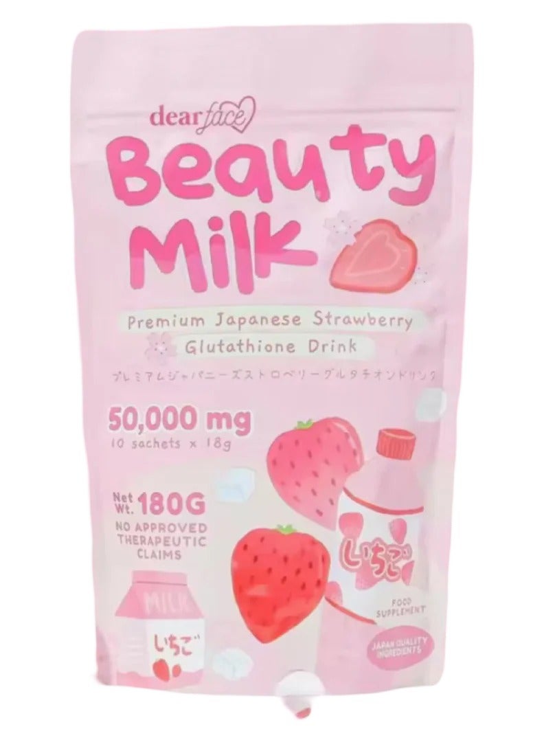 Dear Face Beauty Milk – Japanese Strawberry Glutathione Drink | 50,000mg for Skin Whitening, Brightening & Radiance – 10 Sachets (180g)