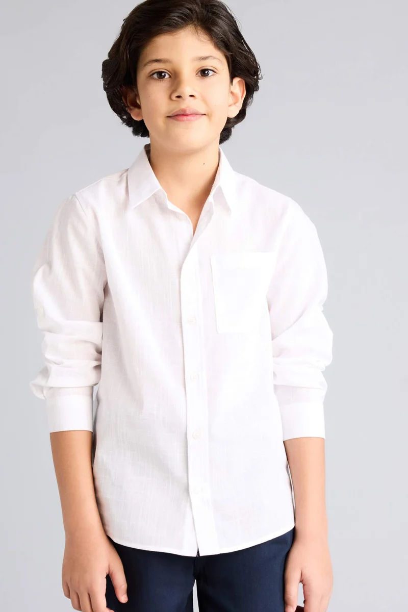 ديفاكتو Boy Regular Fit Polo Collar Linen Look Shirt