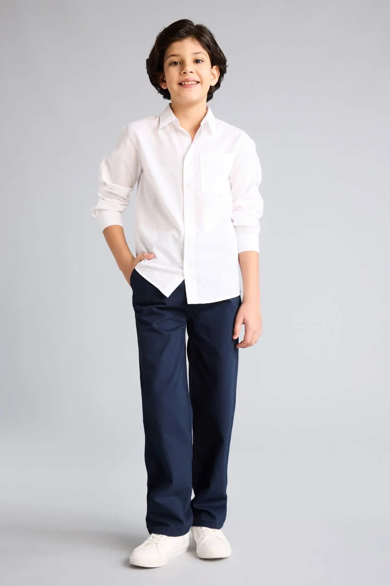 ديفاكتو Boy Regular Fit Polo Collar Linen Look Shirt