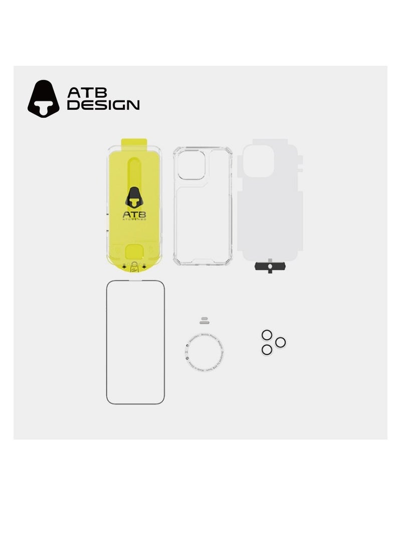 ATB 6-in-1 Privacy Protection Kit for iPhone 13 Quick and easy setup with front-only visible privacy glass Offers advanced on-screen privacy plus all-around protection. Includes: anti-spy tempered glass screen protector,transparent case, camera lens protectors, rear protector, magnetic ring, and dust-mesh speaker stickers. - Image 2