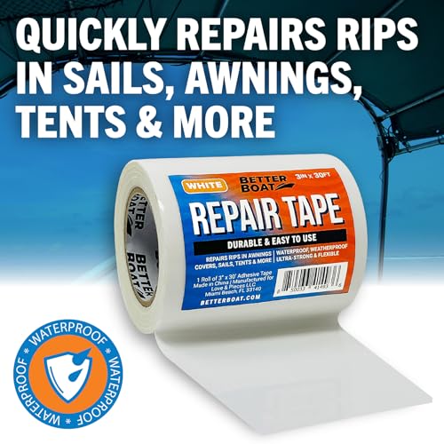 Better Boat شريط إصلاح لأغطية القوارب القماشية، خيام القماش، المخيمات القابلة للنفخ، مظلات RV، الأقمشة، الأغطية، قمم بيميني، الأشرعة، مجموعة إصلاح مرتبة الهواء، 30 قدم × 3 بوصة، فينيل أبيض ثقيل مقاوم للماء - Image 2
