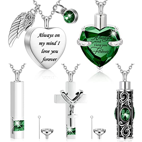 Fumete 5 Pcs Urn Necklace for Ashes Cremation Jewelry Necklace Set for Ashes Memorial Keepsake Heart Cross Cubic Stainless Steel Urn Jewelry for Loved One or Pet Women Men 5 StylesGreen - Image 1