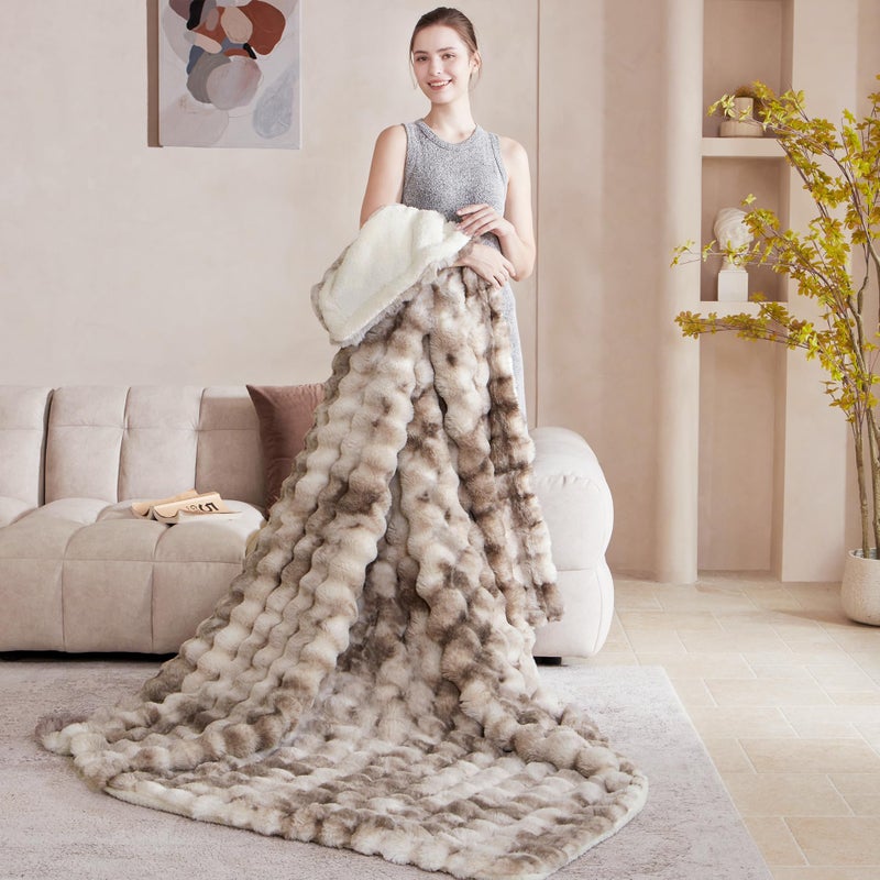 Serenhom 60x80 Inches Ultra-Soft Fuzzy Faux Fur Plush Twin Size Blanket - Thick  Warm Sherpa for Couch  Sofa  Bedroom  Camping - Decorative Blanket for Cozy Warmth  Bubble Brown Tie Dye - Image 5