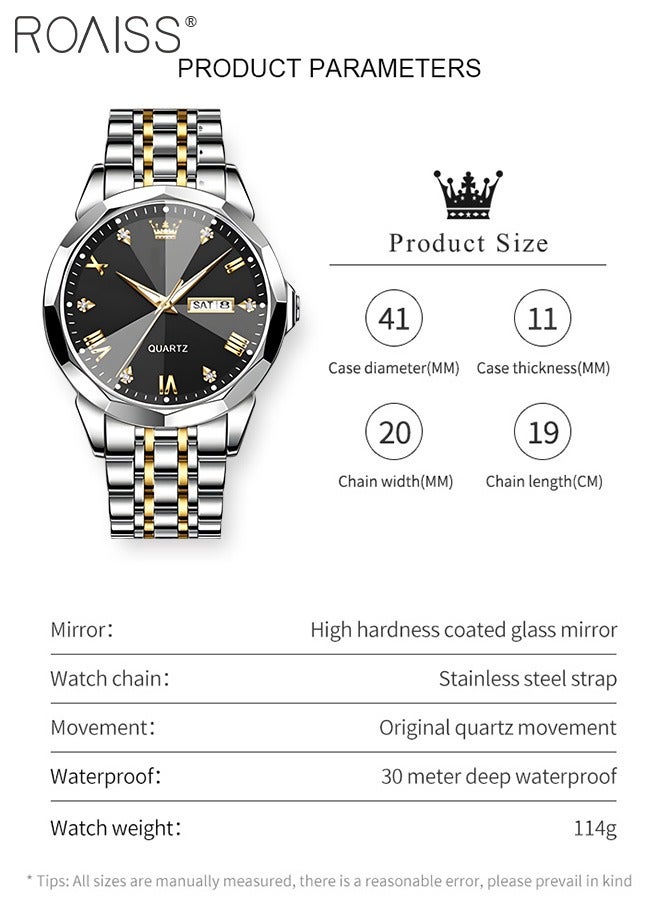 roaiss Men's Stainless Steel Strap Quartz Watch Analog Display Round Black Dial with Rhombic Coated Glass Mirror Waterproof Luminous Wristwatch as Gift for Men - Image 4