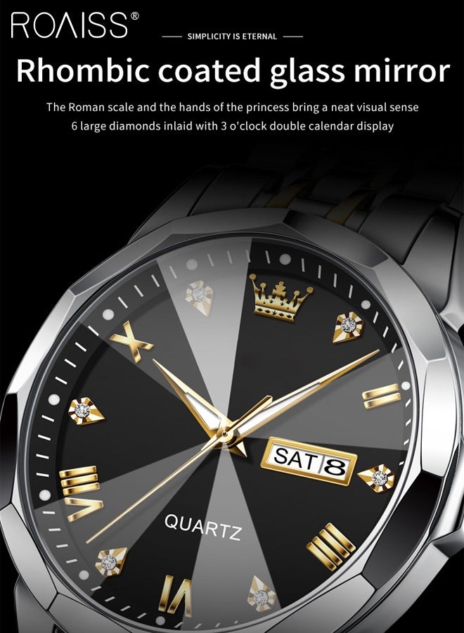roaiss Men's Stainless Steel Strap Quartz Watch Analog Display Round Black Dial with Rhombic Coated Glass Mirror Waterproof Luminous Wristwatch as Gift for Men - Image 5