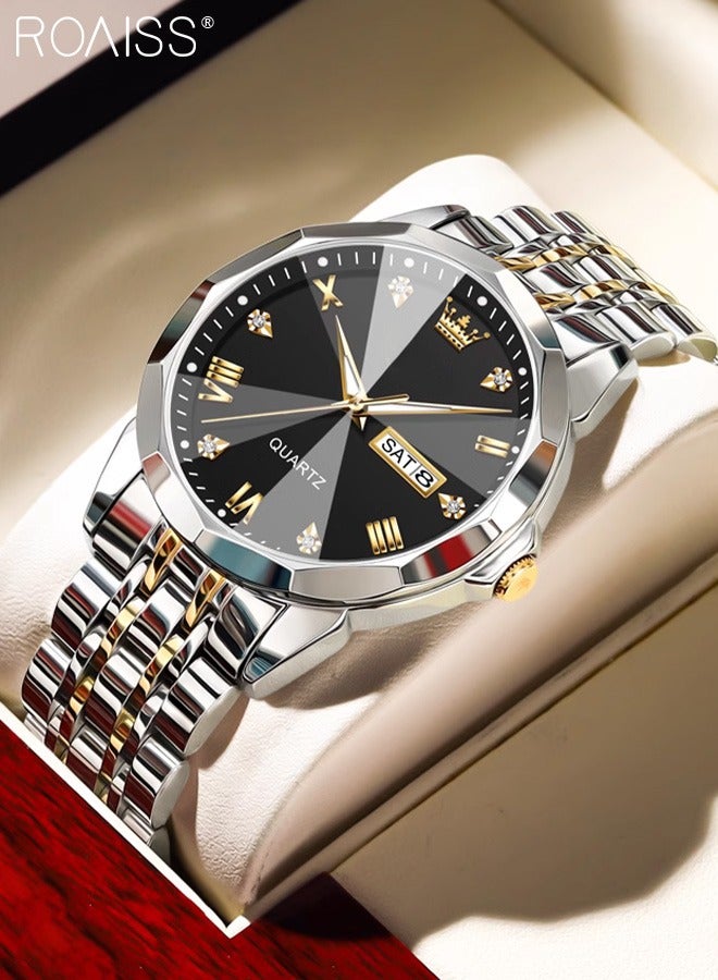 roaiss Men's Stainless Steel Strap Quartz Watch Analog Display Round Black Dial with Rhombic Coated Glass Mirror Waterproof Luminous Wristwatch as Gift for Men - Image 3