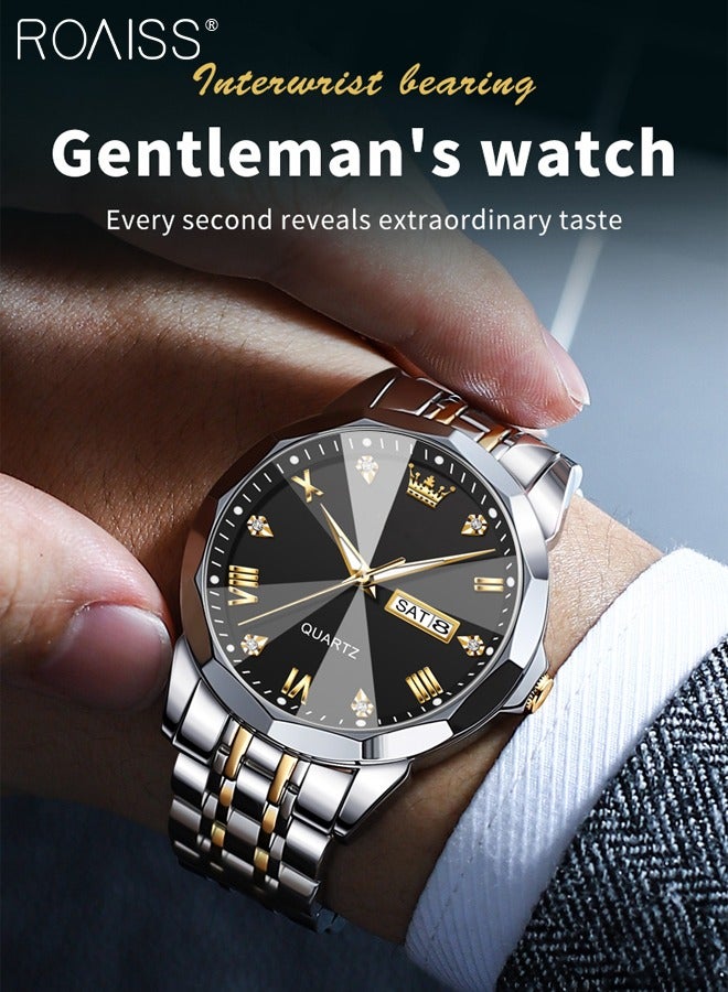 roaiss Men's Stainless Steel Strap Quartz Watch Analog Display Round Black Dial with Rhombic Coated Glass Mirror Waterproof Luminous Wristwatch as Gift for Men - Image 2