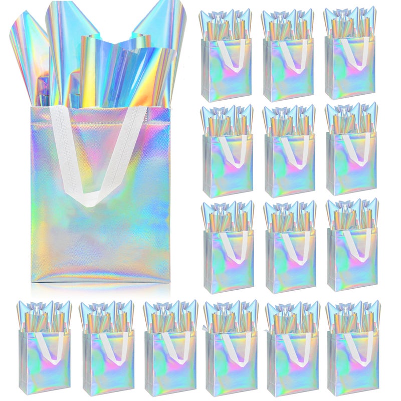 ZIFTY 15 Pcs Gift Bags with Handles Reusable Large Goodie Bags Bulk with 30 Holographic Tissues Non-woven Easter Party Gift Bags for Birthday, Wedding, Holiday Party Favors - 8W x 4L x 10H - Image 1