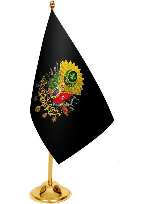 ساترنديزاين Desktop Black Ottoman Coat of Arms Flag + Brass Pole Table Flag Set