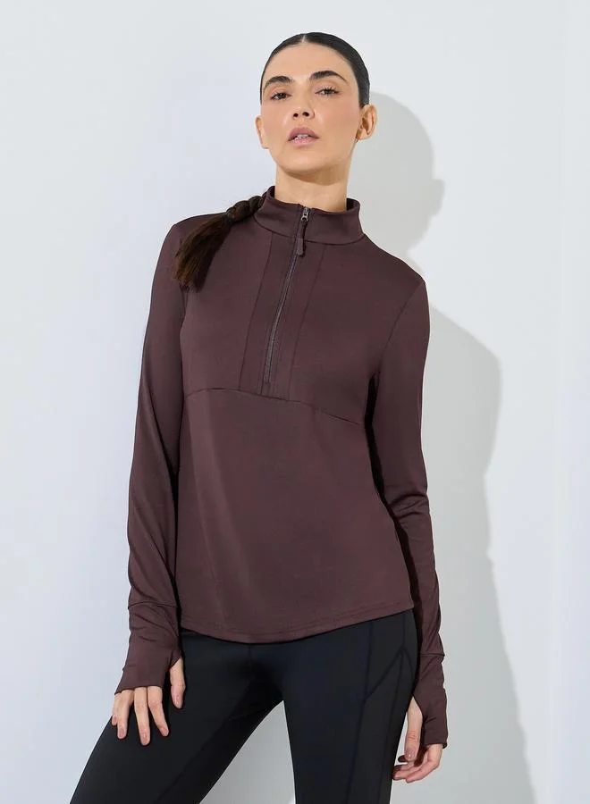 ستايلي اكتيف Brown Half Zip-Up Multi Panel Seam Thumbhole Detail Top