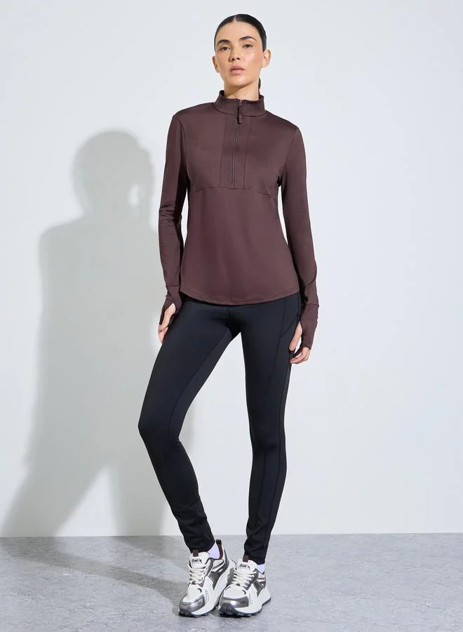 ستايلي اكتيف Brown Half Zip-Up Multi Panel Seam Thumbhole Detail Top
