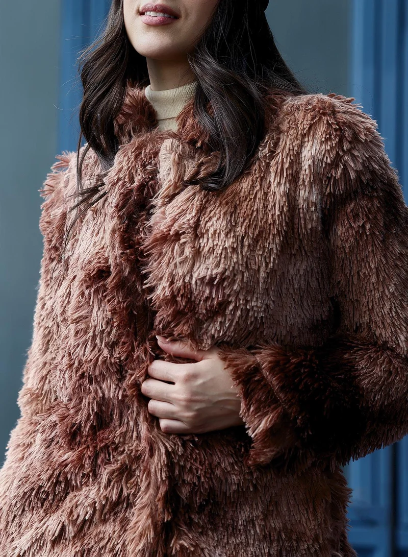 PINACOLADA Women's Dye-Fur Long Coat | Notch Collar , Long Regular Sleeves, Button Closure | Solid Fur Knitted Shirt For Casual & Daily Wear | Chocolate Brown