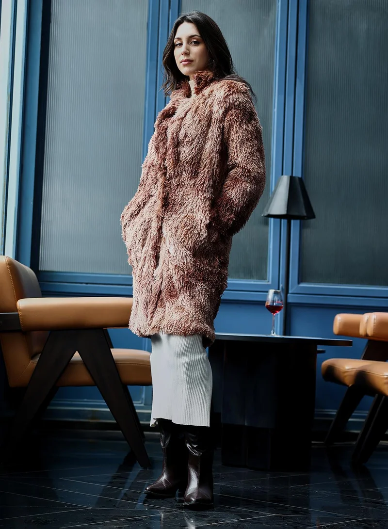 PINACOLADA Women's Dye-Fur Long Coat | Notch Collar , Long Regular Sleeves, Button Closure | Solid Fur Knitted Shirt For Casual & Daily Wear | Chocolate Brown